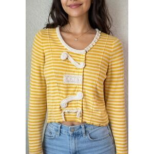 Sparrow Anthropologie Yellow White Striped Crochet Toggle Cardigan Medium M